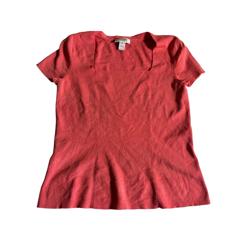 Talbots Peplum Top Womens PS Coral Slim Fitted Short Sleeve Square Neck Pullover - Picture 1 of 7